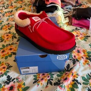 Hey Dude Kids Red Slip-On Shoe with Cream Faux-Fur Lining